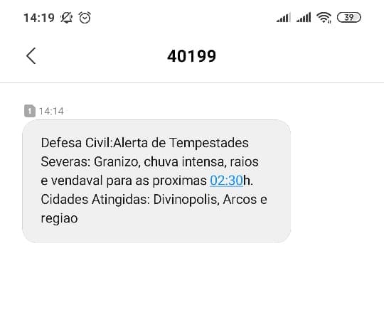 Defesa Civil envia alerta de tempestade com granizo em Divinópolis, Arcos e região