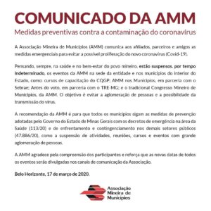 AMM suspende eventos, reuni&otilde;es e cursos por tempo indeterminado