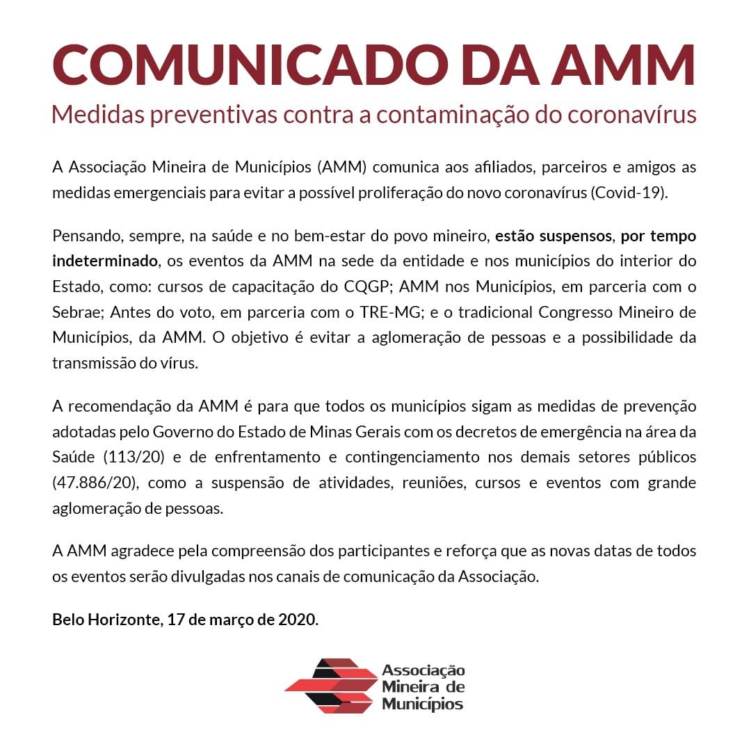 AMM suspende eventos, reuniões e cursos por tempo indeterminado