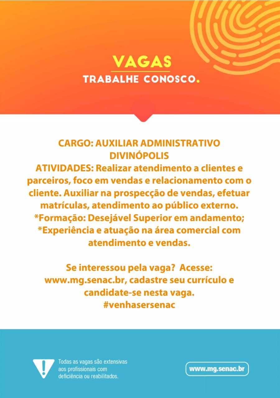 Senac abre vaga para auxiliar administrativo em Divinópolis