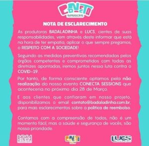 Badaladinha e Lucs informam a n&atilde;o realiza&ccedil;&atilde;o do evento Conecta Sessions dia 28 Mar&ccedil;o.