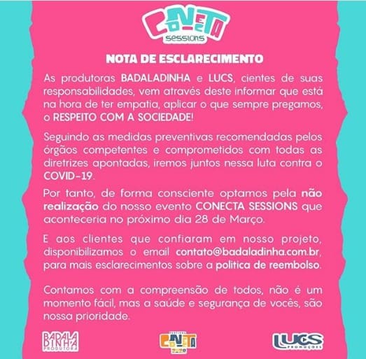 Badaladinha e Lucs informam a não realização do evento Conecta Sessions dia 28 Março.