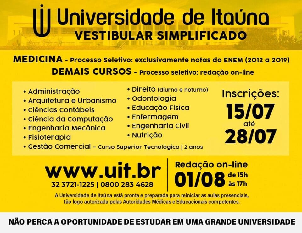 Inscrições para o Vestibular da Universidade de Itaúna vão até o dia 28 de julho