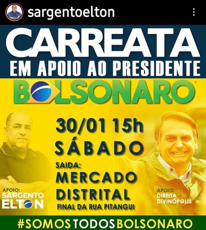 O grupo Direita Divinópolis realiza neste sábado (30) carreata em apoio ao Presidente Jair Bolsonaro