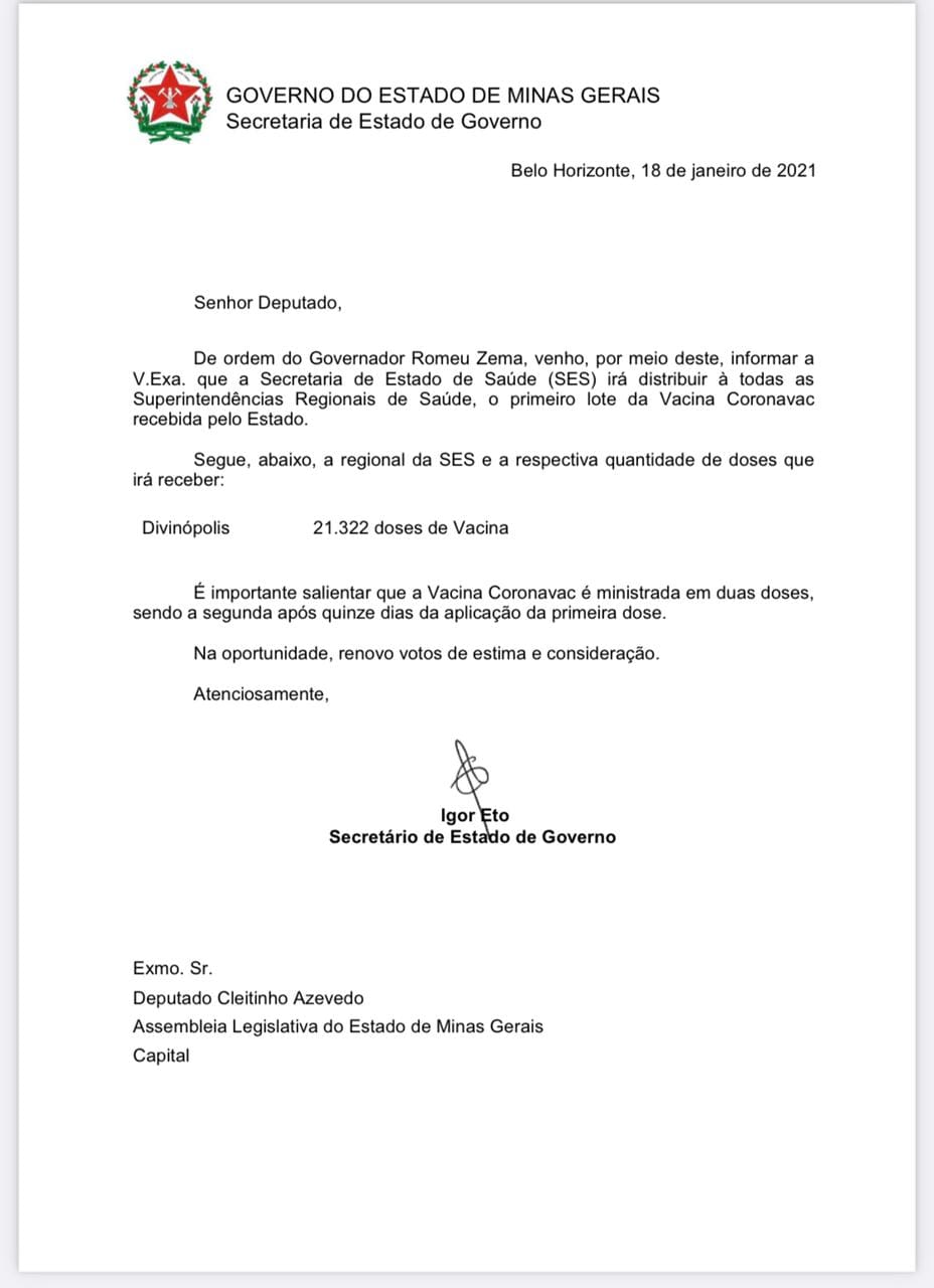 Governo comunica ao Deputado Cleitinho início da vacinação em Divinópolis
