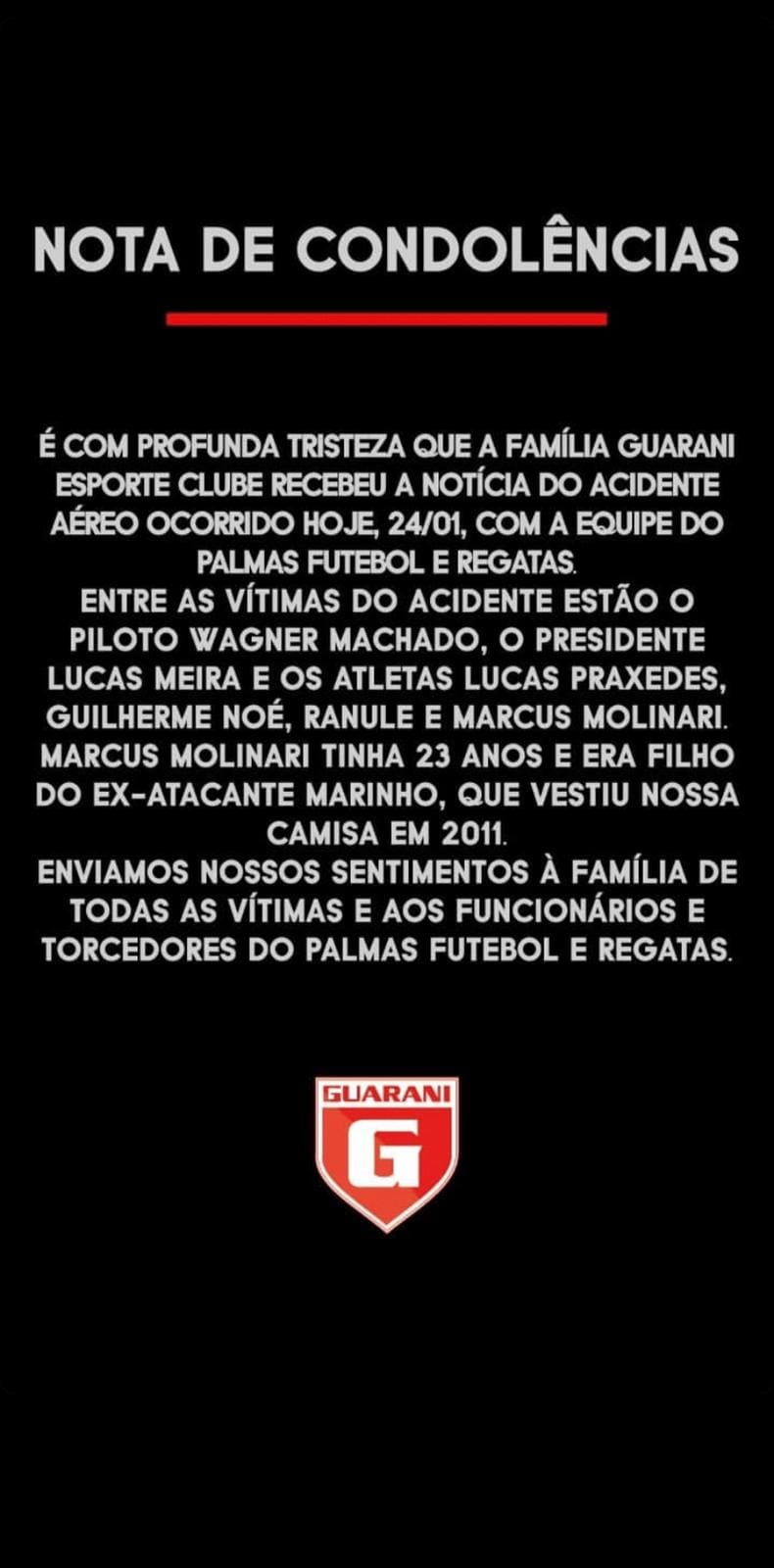 Guarani posta nota de condolências pela a morte do filho do ex-atacante Marinho que vestiu a camisa do Guarani em 2011