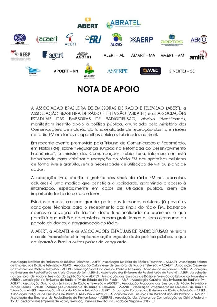 Nota da apoio Abert/Amirt: Ministro promete rádio FM em todos os celulares vendidos no Brasil