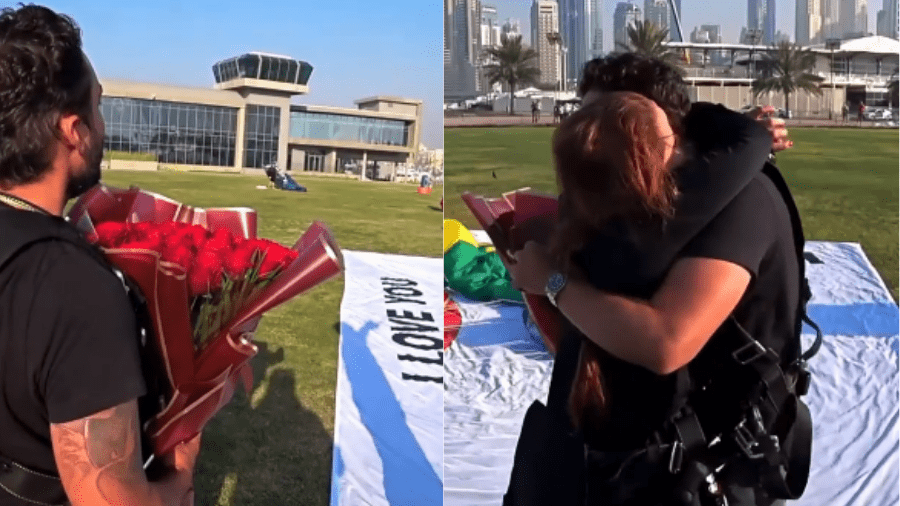 Fernando Zor surpreende Maiara e faz pedido de casamento após pular de paraquedas em Dubai