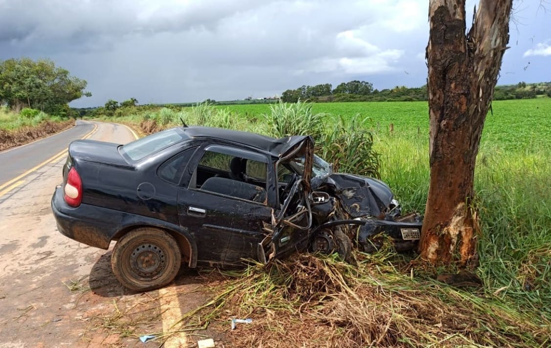 Dois homens ficam feridos após carro bater em árvore na LMG-827 em Bambuí