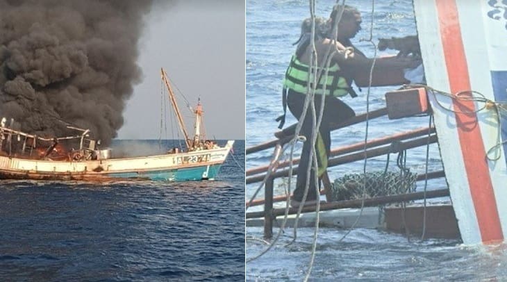 Homens se arriscam para salvar gatos presos em barco em chamas