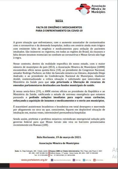 AMM divulga nota sobre a falta de oxigênio e medicamentos para o enfrentamento COVID-19