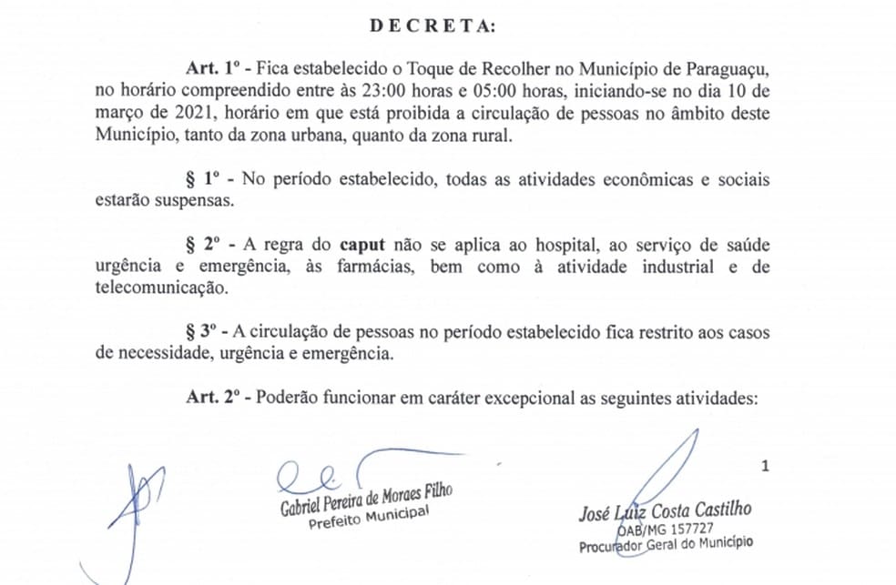 Prefeitura de Paraguaçu determina toque de recolher a partir de quarta-feira (10)