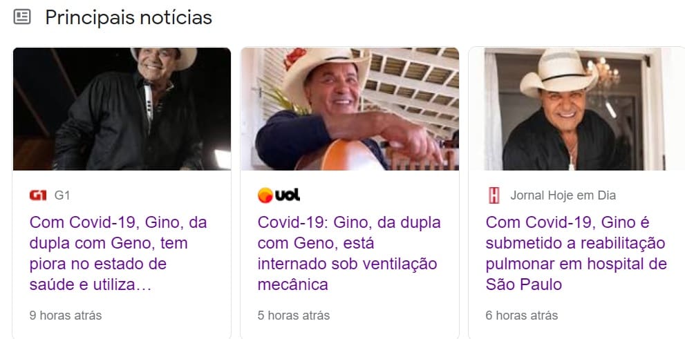 Com Covid-19 cantor Gino é noticia em toda mídia brasileira, veja as principais matérias