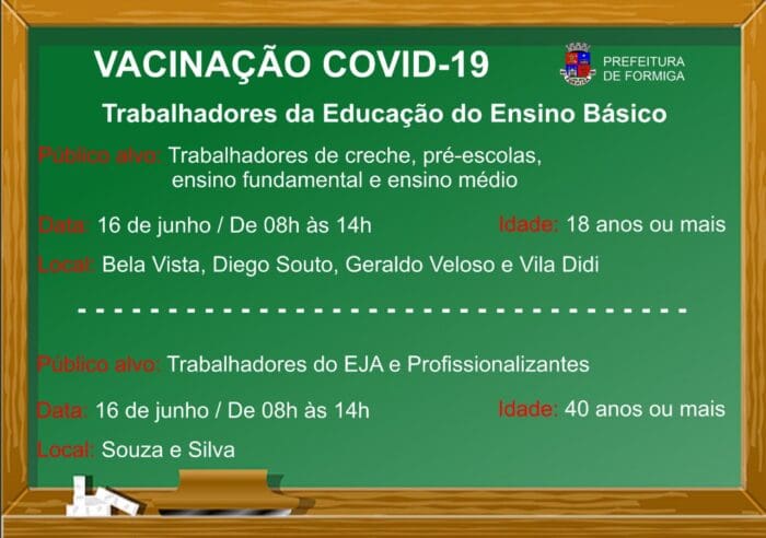 Vacinação contra a Covid-19 de Trabalhadores da educação básica continua nesta quarta-feira