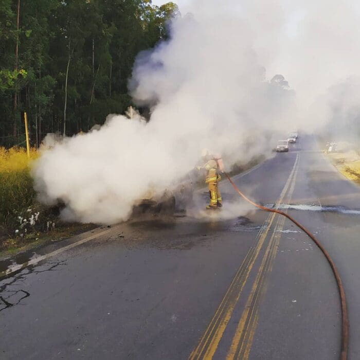 Corpo de Bombeiros combate incêndio em carro na MG 439