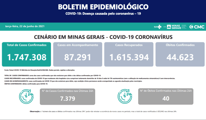 Casos confirmados de Covid 19 em Minas nas últimas 24 horas somam 7.379
