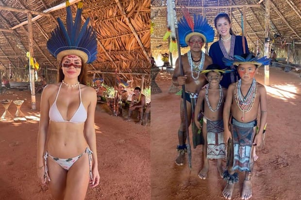 A ex-BBB, Amanda Gontijo comemora aniversário em tribo indígena