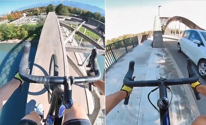 Ciclista atravessa ponte no meio de arcos de sustentação e arranca suspiros