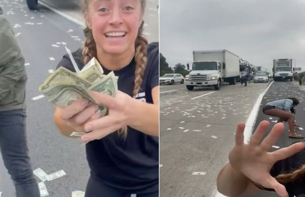 Nos EUA rodovia fica coberta por dinheiro após porta de caminhão blindado se abrir
