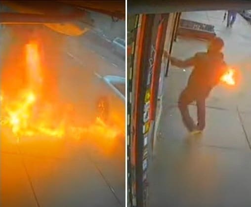 Câmera de segurança registra momento em que homem põe fogo em mercearia