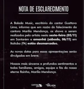 Gusttavo Lima cancela shows ap&oacute;s morte de Mar&iacute;lia Mendon&ccedil;a