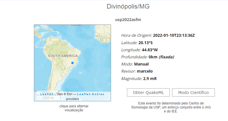 URGENTE: Rede Sismográfica Brasileira relata que Divinópolis teve abalo sísmico de magnitude 2,9 na escala Richter, na segunda (10)