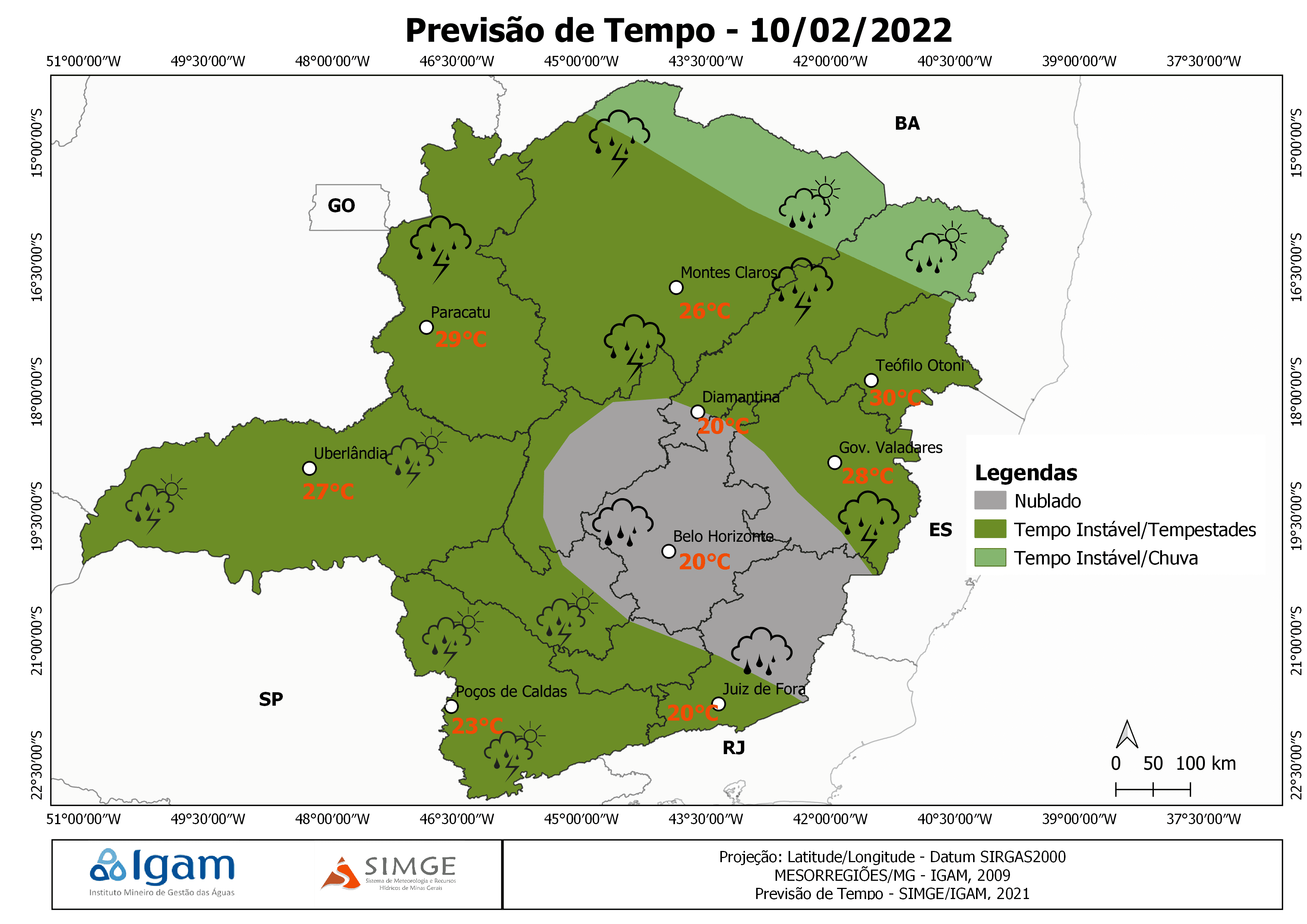 Previsão de tempo instável para todo o Estado de Minas Gerais nesta quinta-feira (10)