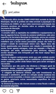 Esclarecimento p&uacute;blico que foi publicado e retirado do instagram da escola municipal Professor Odilon Santiago &eacute; decis&atilde;o do colegiado de diretores