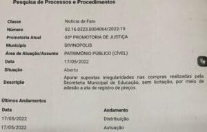 Esta aberto na 3&ordm; Promotoria de justi&ccedil;a do Minist&eacute;rio P&uacute;blico de Divin&oacute;polis desde dia 17/05/2022 procedimento para apurar supostas irregularidades nas compras da Secretaria de Educa&ccedil;&atilde;o de Divin&oacute;polis
