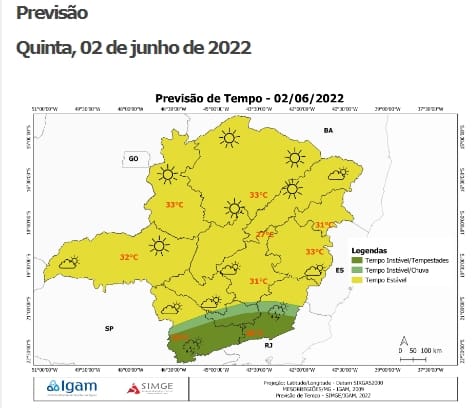 Tempo estável sobre grande parte de Minas Gerais segundo a previsão do tempo