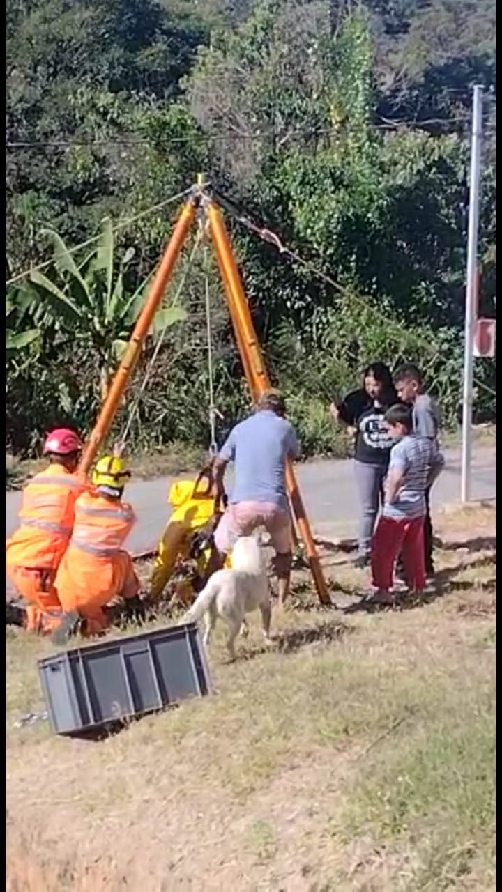 Bombeiros realizam salvamento de bezerro dentro de uma fossa