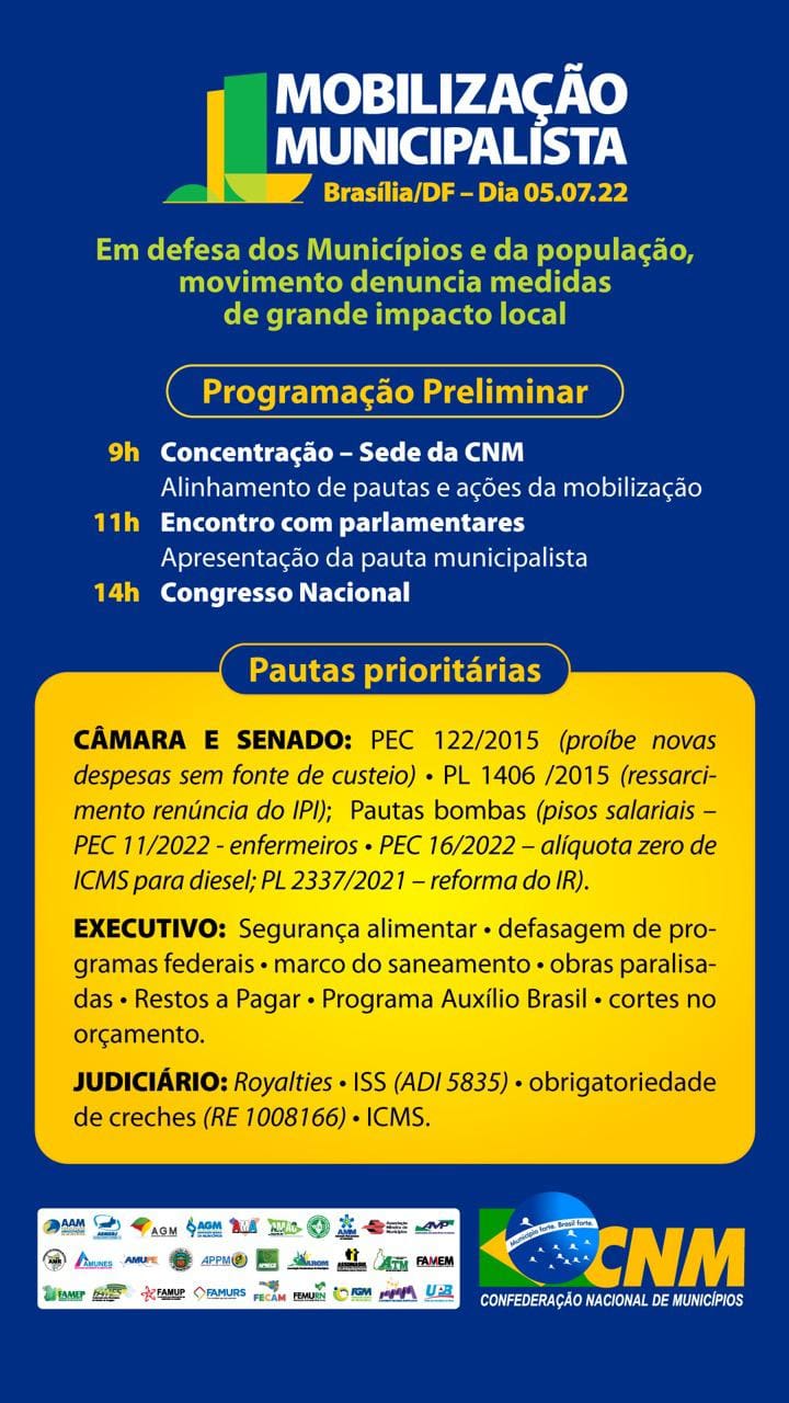 Presidente da AMM participará de mobilização municipalista em Brasília com críticas às medidas federais com sérios impactos fiscais aos municípios