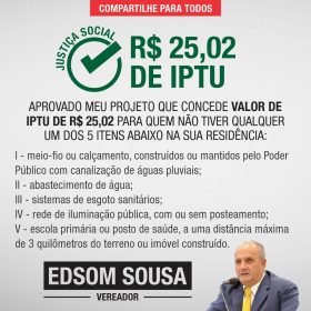 Aprovado projeto que concede valor de IPTU de R$25,02 para locais sem infraestrutura