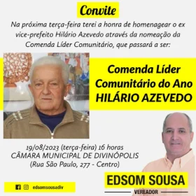 Vereador Edsom Sousa convida para Comenda L&iacute;der Comunit&aacute;rio do Ano