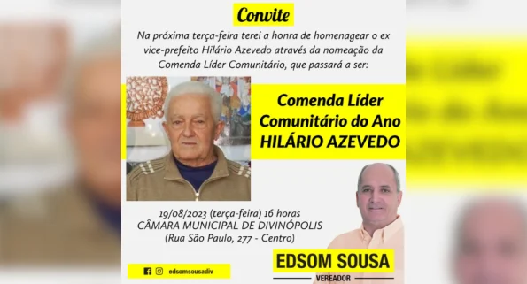 Vereador Edsom Sousa convida para Comenda Líder Comunitário do Ano