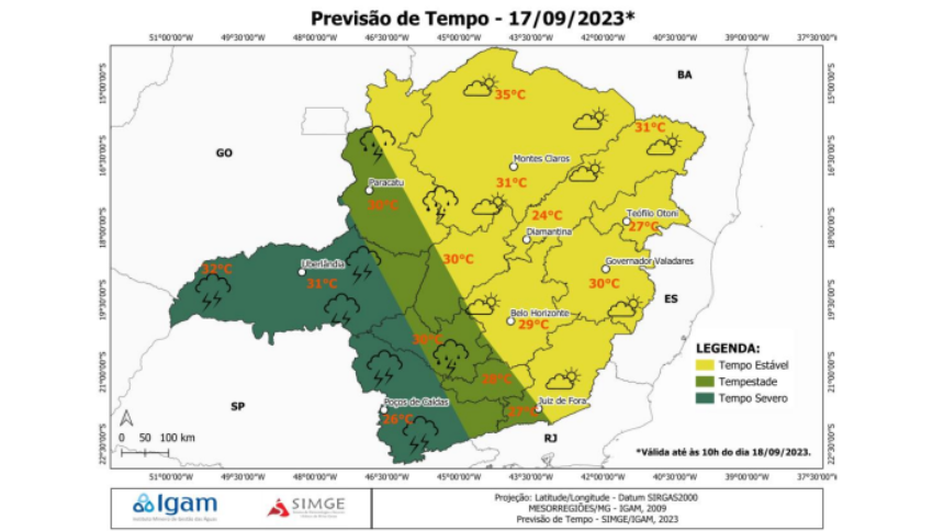 previsão do tempo para Divinópolis e região, neste domingo (17) é de céu claro a parcialmente nublado e sem previsão de chuva