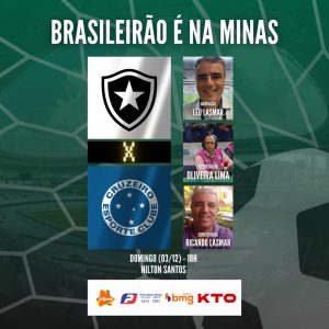 Para a Raposa &eacute; pontuar e n&atilde;o deixar para resolver depois. Botafogo x Cruzeiro. A Minas FM transmite.