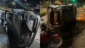 Carro capota na ponte do Niter&oacute;i, em Divin&oacute;polis