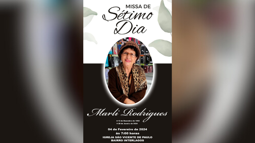 A Missa de Sétimo Dia da artista plástica divinopolitana Marli Rodrigues, será no próximo domingo (04/2), na Igreja São Vicente de Paulo, no bairro Interlagos, em Divinópolis.