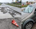 Buraco da Copasa provoca acidente na MG-050, em Divinópolis