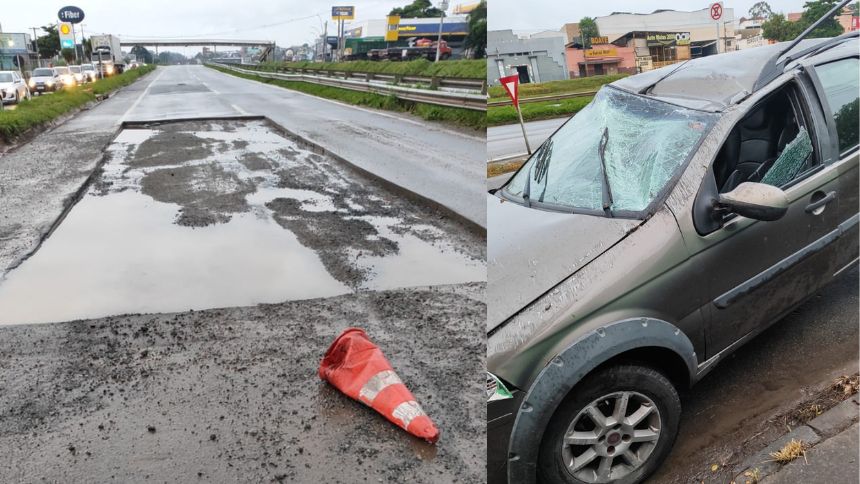 Buraco da Copasa provoca acidente na MG-050, em Divinópolis