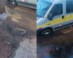 Divinópolis: Van cai dentro de buraco no bairro Primavera por causa de obra inacabada