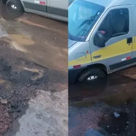 Divinópolis: Van cai dentro de buraco no bairro Primavera por causa de obra inacabada