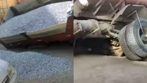 Divin&oacute;polis: Buraco em obra da Prefeitura deixa caminh&atilde;o inclinado no Sidil