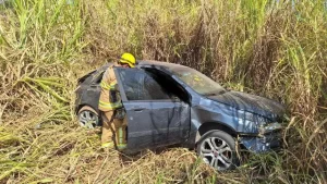 Carro capota na BR-354 em Arcos ap&oacute;s motorista desviar de cachorro &mdash; Foto: Corpo de Bombeiros/Divulga&ccedil;&atilde;o