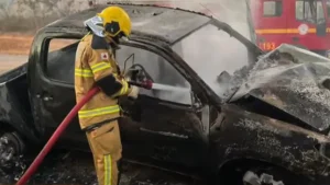 Perdigão: Caminhonete bate em árvore e pega fogo
