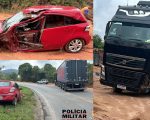 Mulher é gravemente ferida após carro bater de frente com carreta em Itapecerica