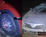 Divinópolis: Condutor tenta ultrapassagem, mas carro colide com carreta e capota na BR-494