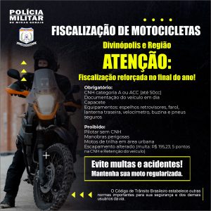 Pol&iacute;cia Militar alerta para aumento na fiscaliza&ccedil;&atilde;o de motos no fim do ano em Divin&oacute;polis e regi&atilde;o