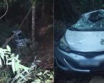 Carro cai em ribanceira após ser atingido por caminhão na MG-050